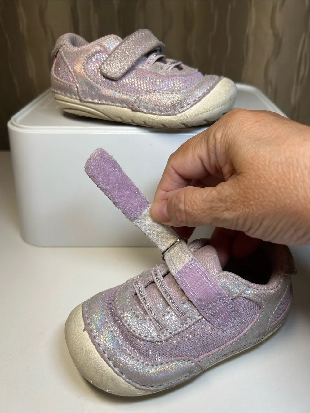 Stride Rite SM Jazzy Baby Girl’s 5M Pink Silver Sparkle Velcro Sneakers